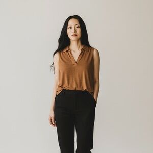 100% Linen New Minimalist Preppy Beach Nautical Top S Collared Sleeveless Light